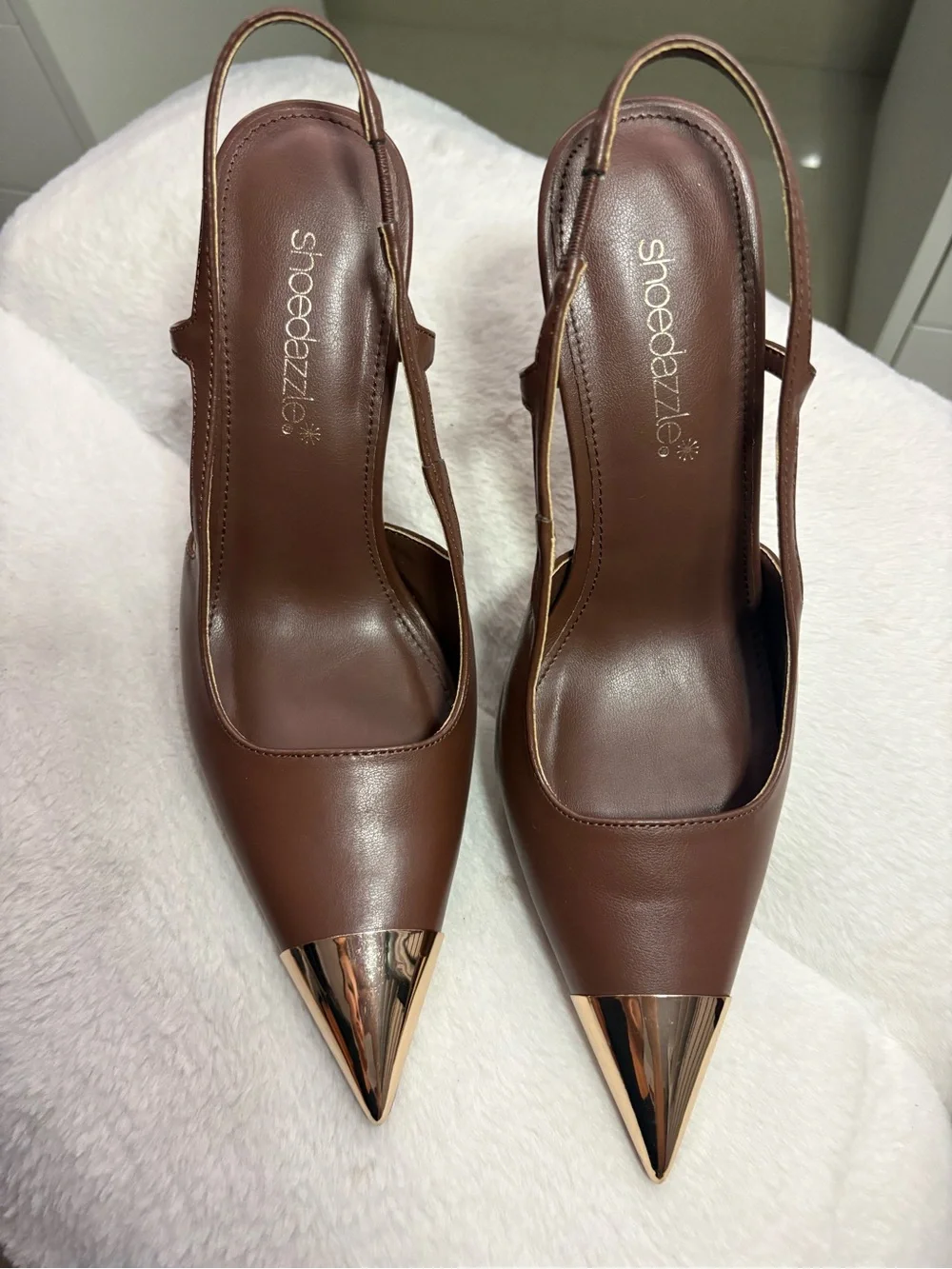 Shoe Dazzle Brown Pointed Toe Slingback Pumps with Gold Cap